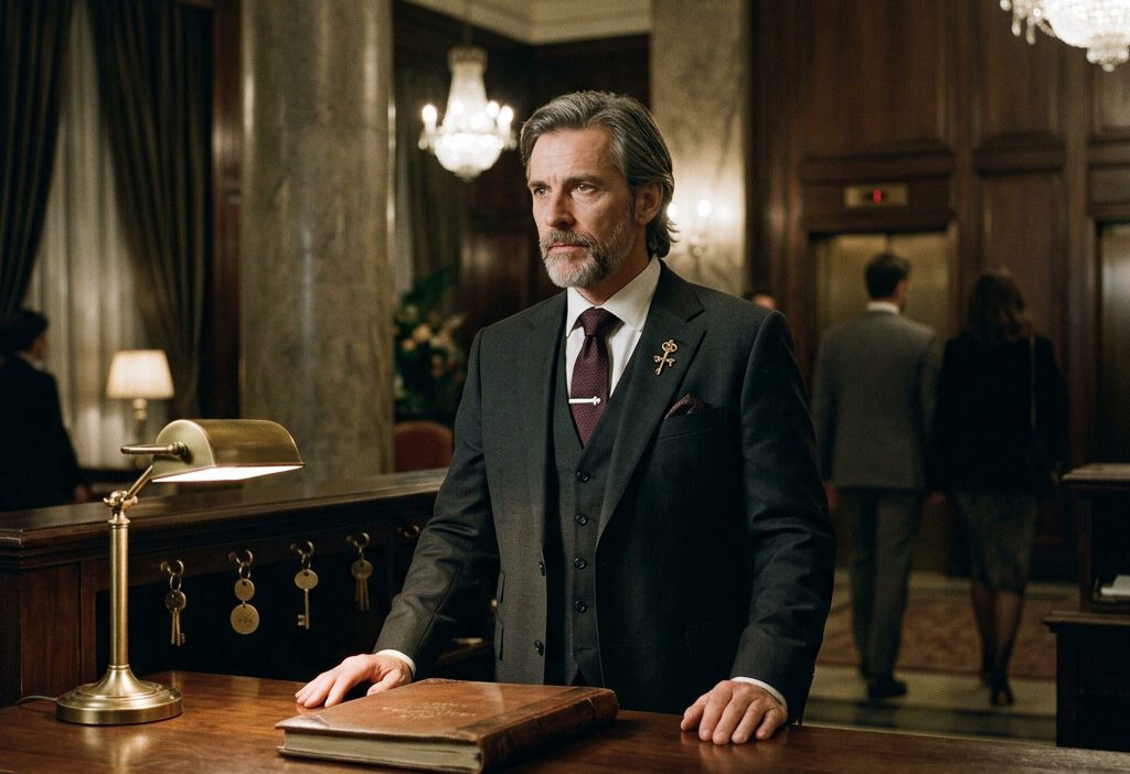 Concierge standing behind hotel reception desk with guest book and vintage keys