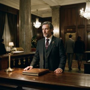 Concierge standing behind hotel reception desk with guest book and vintage keys