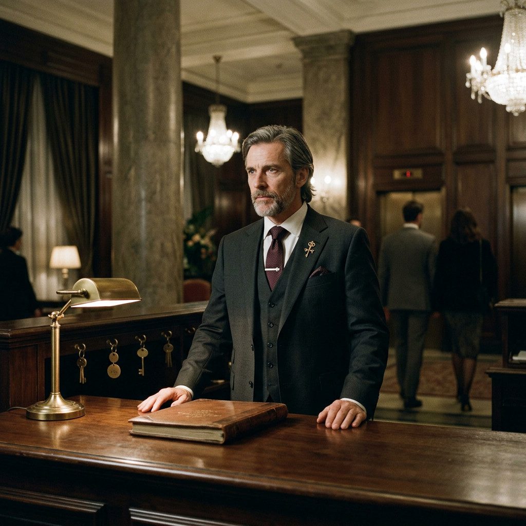 Concierge standing behind hotel reception desk with guest book and vintage keys